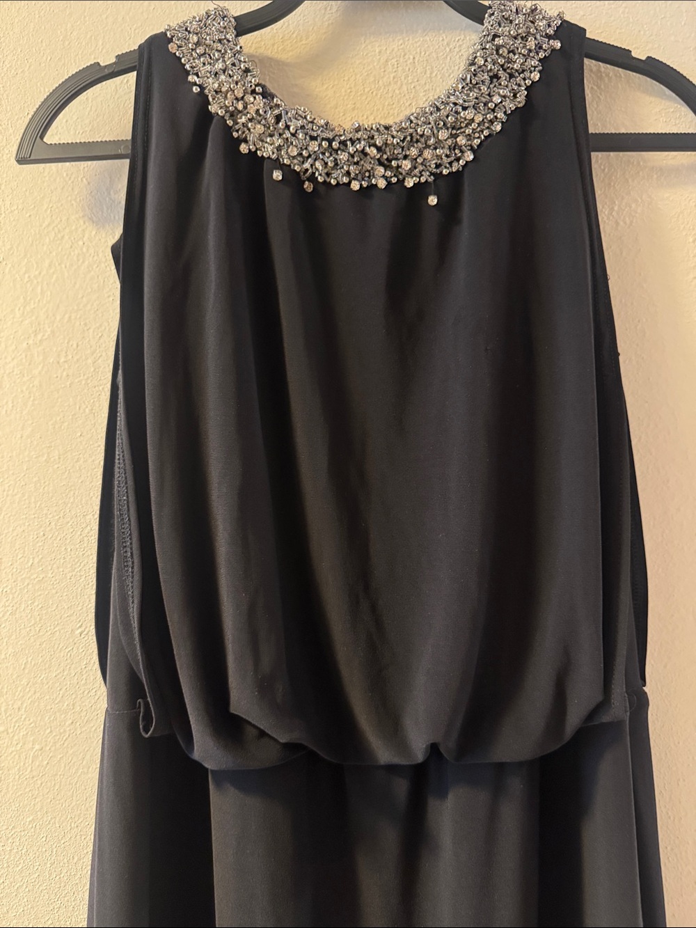 Beaded Neckline Black Maxi Dress - Women's Elegant Evening Gown